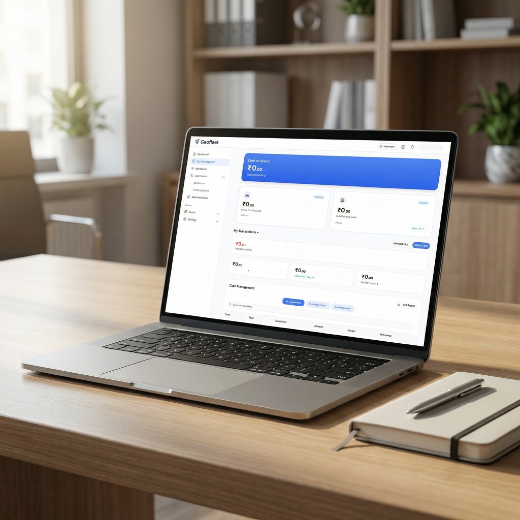 Cash Management dashboard — Cash on Ground, Driver/Hub pending, My Transactions & report