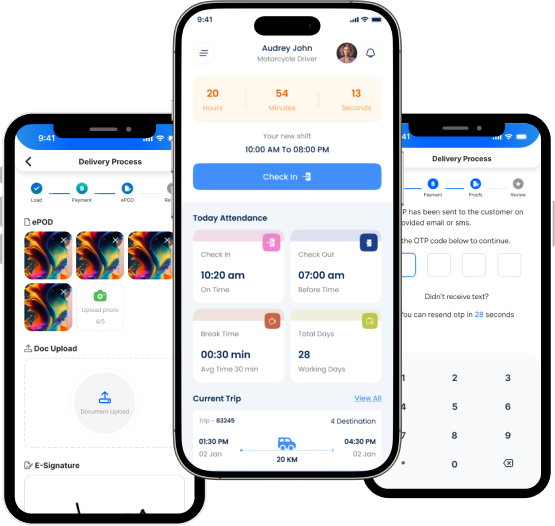 Geofleet driver app — dashboard, delivery process, ePOD, OTP verification