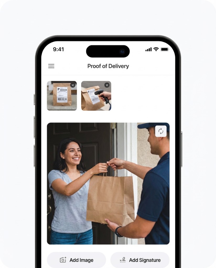 Capture delivery proof — package photos and handoff, add image or signature